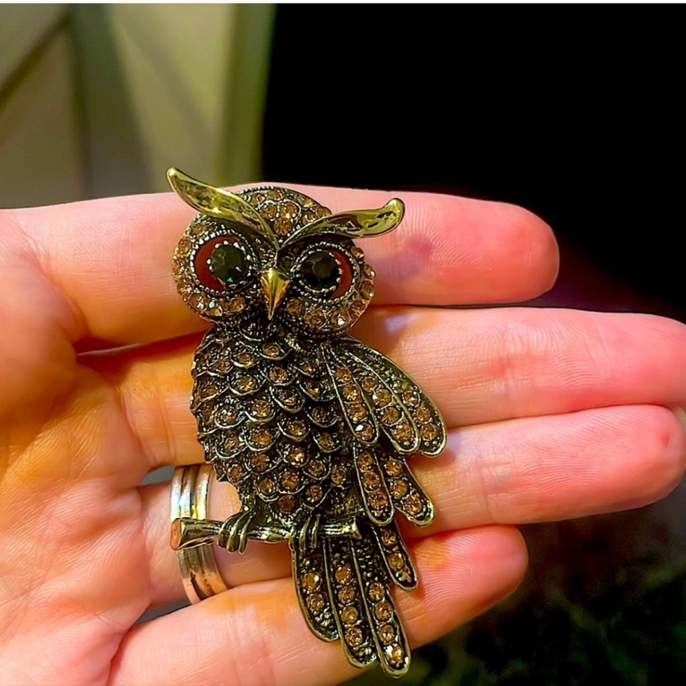 Bronze and brown rhinestone Owl Brooch